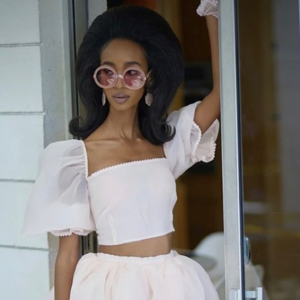 Selkie Sheer Puff Sleeve Pink Baby Doll Crop Top